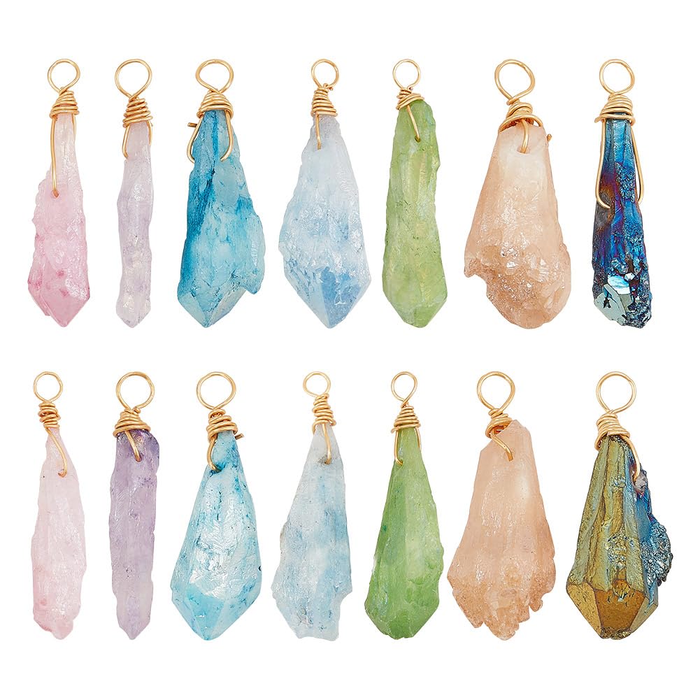 arricraft 14 Pcs 7 Colors Natural Quartz Charms, Raw Natural Stone Nuggets Charms Assorted Colors Crystal Gemstone Irregular Pendant for Gem Themed Jewelry Making, 3.5mm Hole