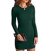 VICHYIE Women Long Sleeve Ruched Dress Crewneck Bodycon Ribbed Knit Fall Mini Pencil Club Cocktail Mid-Thigh Dresses