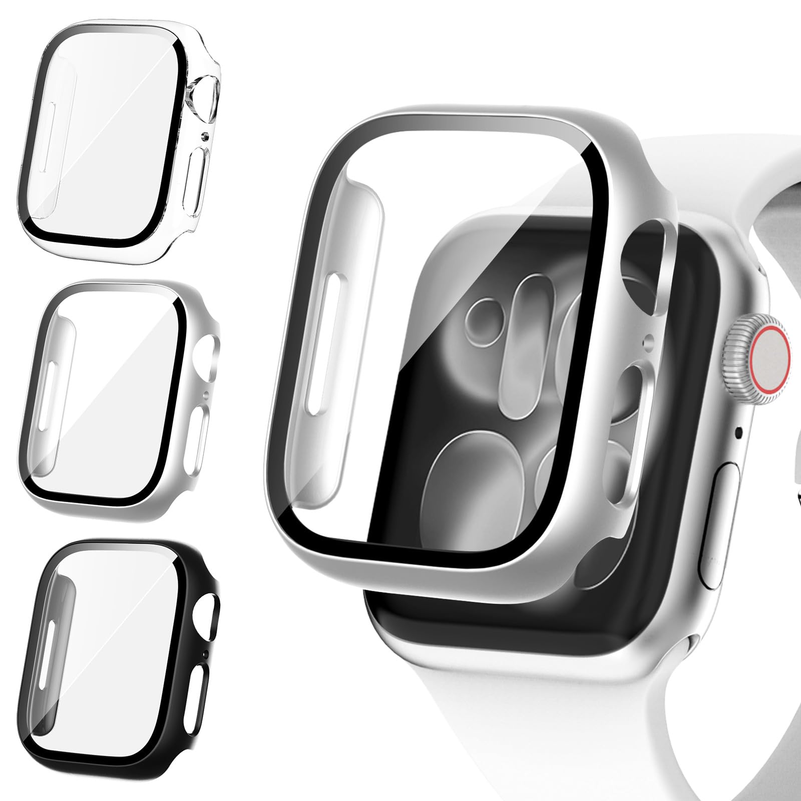Fullife 3 Pack Screen Protector 46mm Compatible for Apple Watch Series 11/10 with 9H Tempered Glass,Overall Shockproof Cover Protective Case for iWatch 46mm(Black/Silver/Transparent)