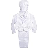 Dressy Daisy Baby Boy Satin Baptism Clothes Christening Outfit with Bonnet 5 Pieces Set Formal White Suit for Infant