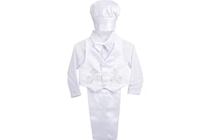 Dressy Daisy Baby Boy Satin Baptism Clothes Christening Outfit with Bonnet 5 Pieces Set Formal White Suit for Infant