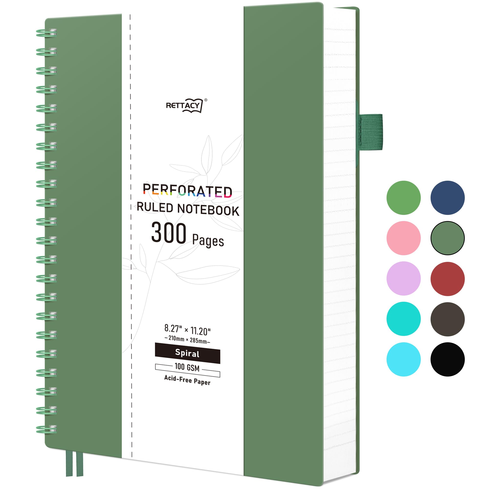RETTACY A4 Lined Notebook, Thick Spiral Journal with 300 Perforated Pages/150 Tear Sheets for Writing,100gsm College-Ruled Paper, DIY Function Accessory, 21.5 x 27.9cm -Dark green