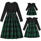 AWIBMK Mommy and Me Christmas Dresses Green Red Black Buffalo Plaid Dress Long Sleeve Fall Winter Holiday Party Gingham Mom Daughter Matching Outfits Photoshoot Checkered 12-18 Months