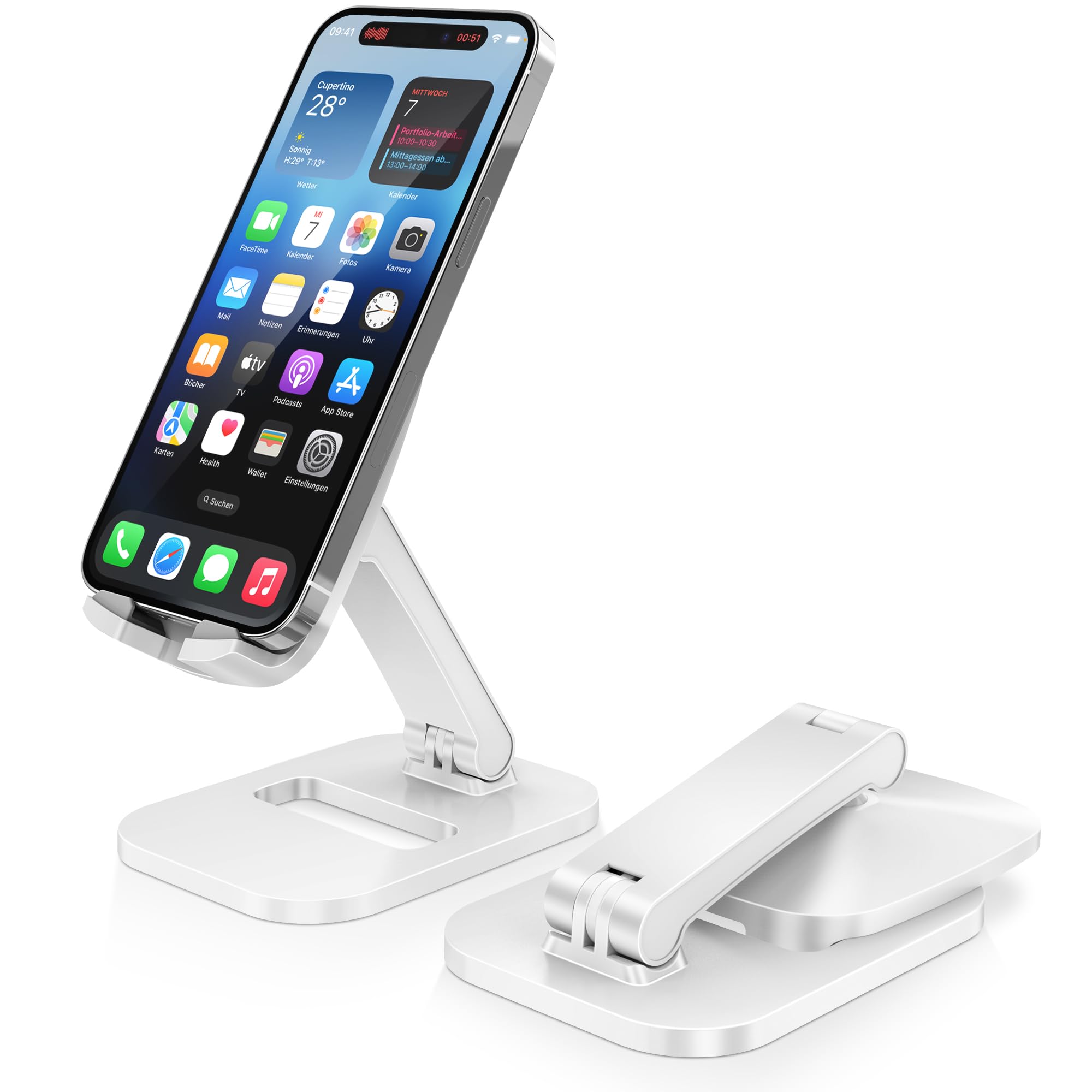 DeskLogics Cell Phone Stand for Desk, Foldable & Adjustable Aluminum Phone Holder Dock - Portable Travel Case Friendly Desktop Cradle for iPhone 17 16 Pro Max Plus Air, Samsung S25 S24, Kindle（White）