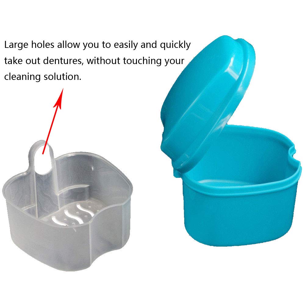 KISEER 2 Pack Denture Bath Case Cup Box Holder Storage Container with Denture Cleaner Brush Strainer Basket for Travel Cleaning (Light Blue and Blue) : Beauty