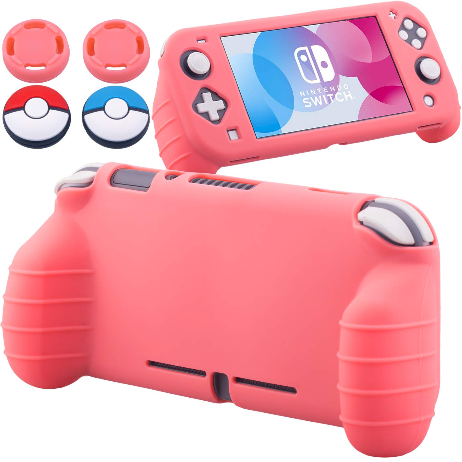YoRHa Handle Grip Soft Silicone Rubber Protective Cover Case (Coral) x 1 and Thumbsticks x 4 for Nintendo Switch Lite - 9.2019 Slim Model