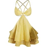 WDIRARA Women's Criss Cross Strappy Ruffle Sleeveless Mini Dress Cut Out Tie Backless Layered Dress