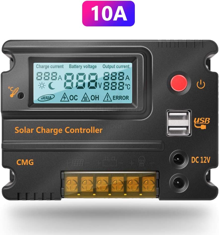 Fuhuihe 10A 12V/24V Solar Charge Controller, Solar Panel Battery Intelligent Regulator with Auto Switch, LCD Display Intelligent USB Port, Overload Protection &Temperature Compensation
