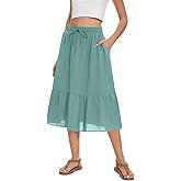 MLXSJ Women's Midi Skirt Summer Tiered Flowy High Waisted Casual Skirts with Pockets