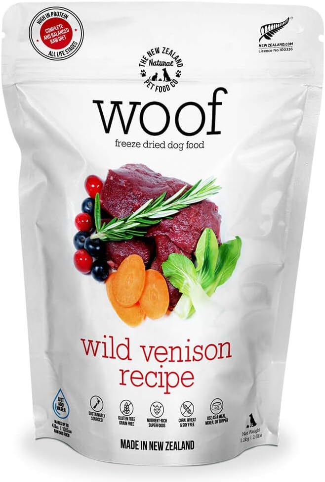 The New Zealand Natural Pet Food Co. WOOF Wild Venison Freeze Dried Raw Dog Food, Mixer, or Topper - High Protein, Natural, Limited Ingredient Recipe 42 oz, Brown (NZ-WFD1200V)