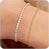 TONTMY STUDIOS Bracelet for Women Gold Layered Set 14K Gold Filled Stackable Bracelets Trendy Figaro Satellite Chain Cuban Link Minimalist Dainty Bracelet Tennis Bracelet Jewelry