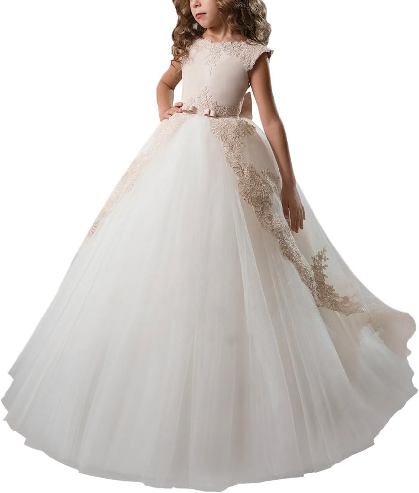 OBEEII Flower Girls Communion Dresses Sleeveless Lace Applique Elegant Evening Gown for Ceremony Wedding Bridesmaid Birthday Cocktail Pageant Prom Party for Kids 2-13 Years