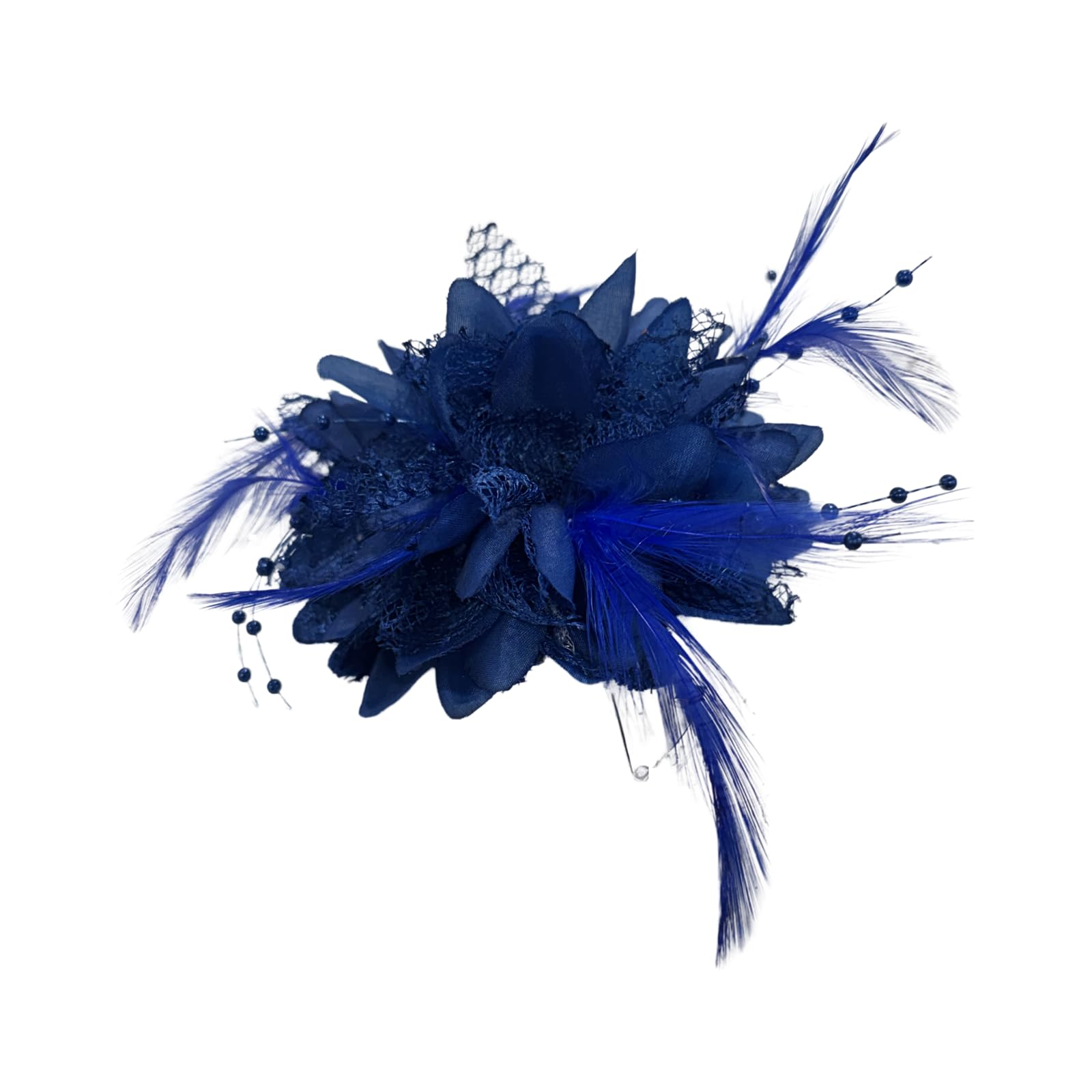 Flower Feather Bead Corsage Hair Clips Fascinator Hairband (Royal Blue) Cobalt — image 1