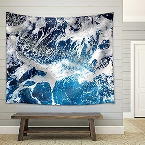 Areal Shot of Deep Blue and Rough Sea with Lot of Sea Spray - Fabric Wall Tapestry Home Decor - 51x60 inches