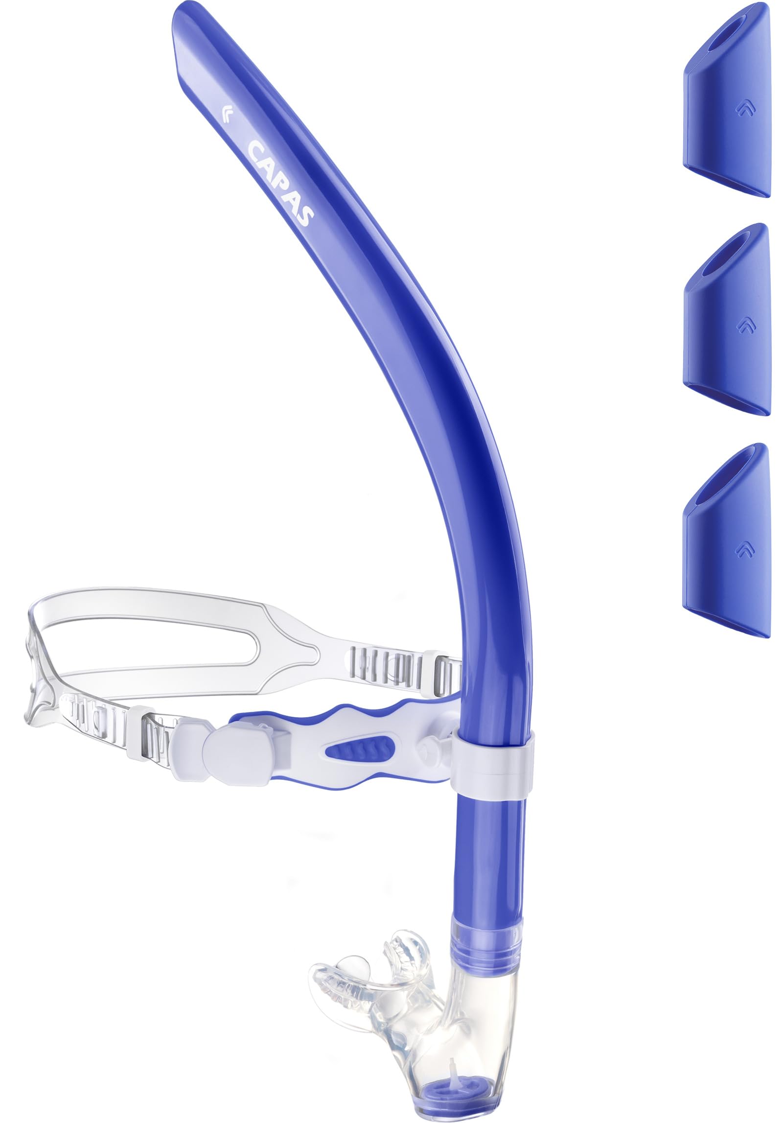CAPAS Training Swim Snorkel for Lap Swimming, Ultimate Fit Center-Mount Swimmers Snorkel with Liquid Silicone Mouthpiece Adjustable Strap Swivel Headband, Designed for Adult Men Women (Blue White) — image 1