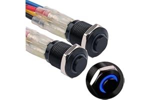 DMWD 2PCS 12mm Raised Head Metal Waterproof Anti-Vandal Momentary Push Button Switch Self-Reset Black Shell with Wires for 1/2" Mounting Hole, 12V-24V ON Off 4Pins 1NO Halo Ring LED Light Blue