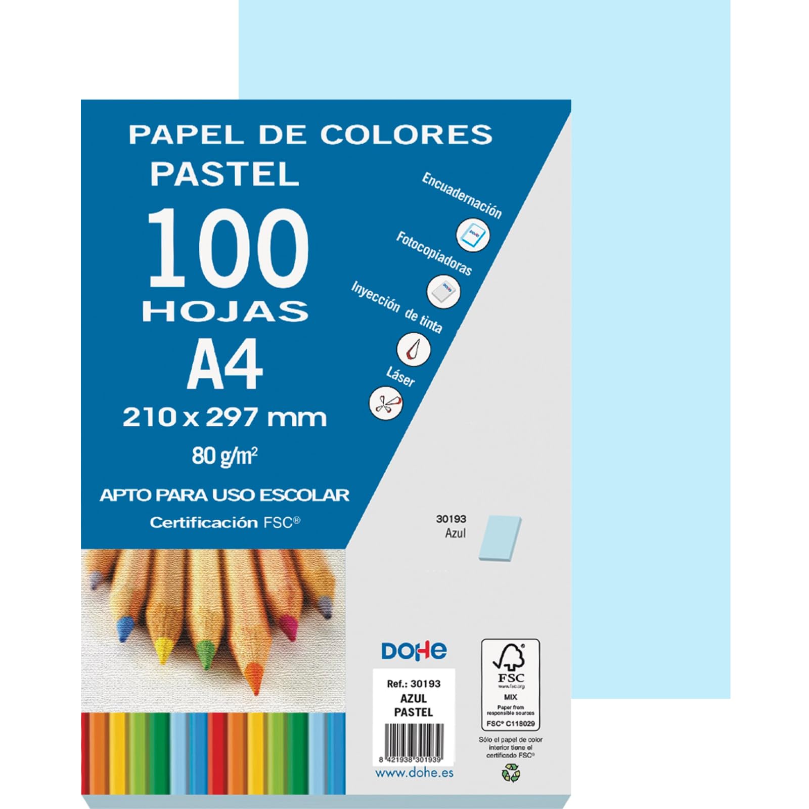 Dohe - Pack of 100 A4 Sheets of Paper - 80 GSM - Pastel Blue - FSC Mix AEN-COC-000243