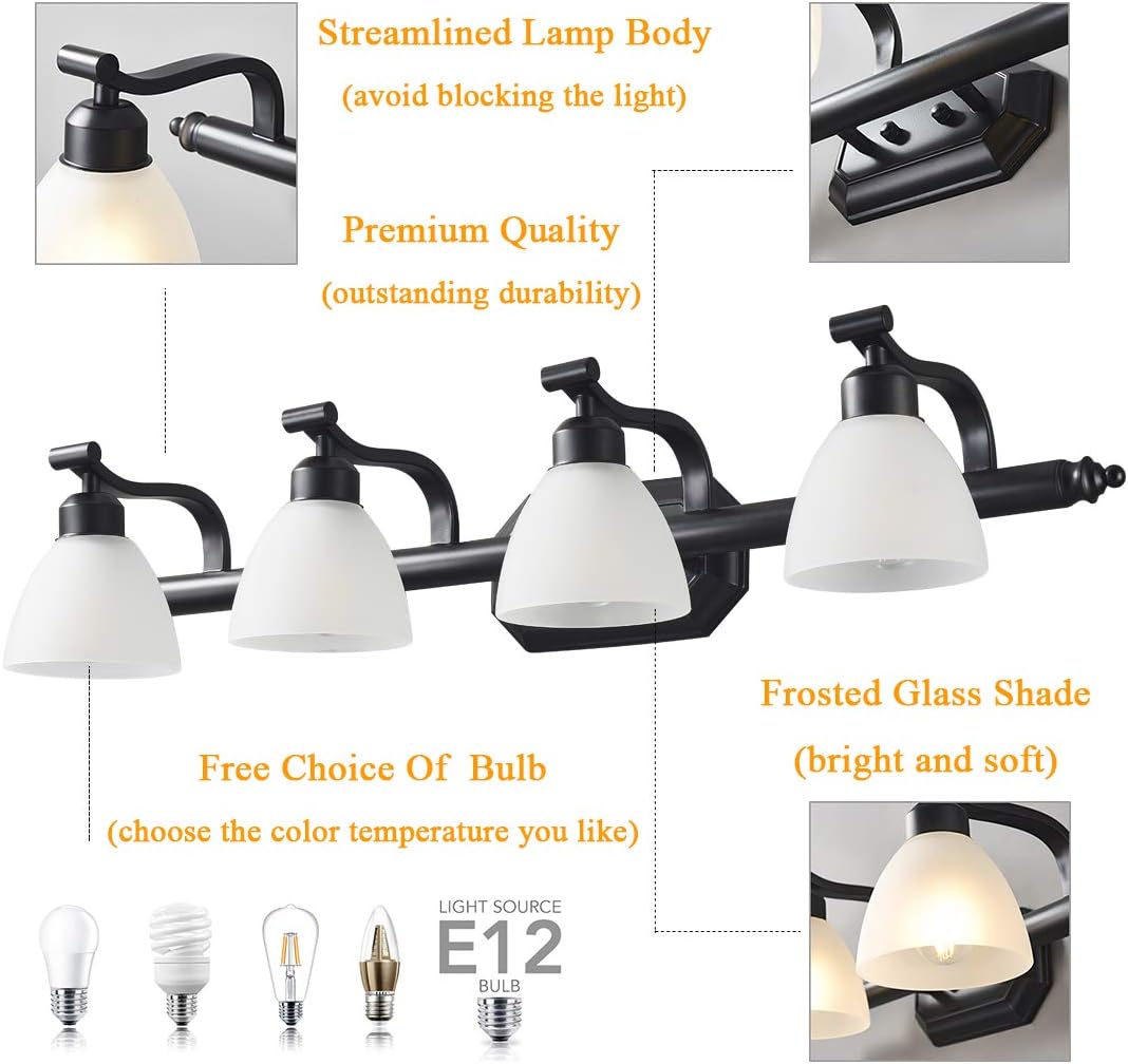 KODYE Vanity Lights, Classic Black Light fixtures, Bathroom Lights Over Mirror with White Frosted Glass Shade, Up and Down Bathroom Lights Perfect for Wall Mounted (Bathroom Vanity Lights 4 Lights): Home Improvement