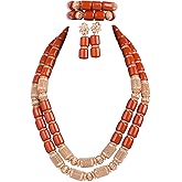Hibeads Nigerian Wedding African Beads Jewelry Set Women Imitation Coral Bead and Gold Accessorise 23.5 Inch Long Necklace Earrings and Bracelets