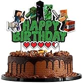 Pixel Craft Gamer Birthday Cake Topper, Glitter Pixel Miner Style Happy Birthday Cake Toppers, Video Game Themed Cake Decorations for Boys & Girls