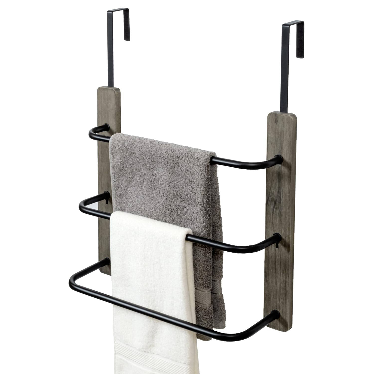 Photo 1 of MyGift Modern Over The Door Towel Rack in Vintage Gray Solid Wood and 3 Tier Matte Black Metal Bars, Space Saving Bathroom Storage Drying Towels Hanger