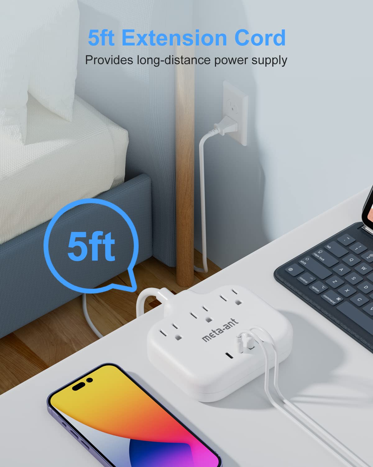US to Japan Adapter, meta-ant 2 Prong to 3 Prong Outlet Adapter with 3 Outlets & 4 USB(2 USB-C), 5FT Extension Cord, 180 Rotating Flat Plug 1875W, Type A Plug Adapter for USA to Japanese China Canada