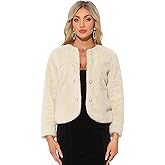 Allegra K Winter Faux Fur Coat Jacket for Women Long Sleeve Pockets Pearl Button Fluffy Cropped Cardigan Outerwear