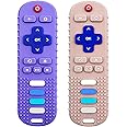 ROBBEAR Baby Teething Toys, Food Grade Silicone Teether for Babies 3 6 12 18 Months, TV Remote Shape Toddlers Chew Toys, Freezer BPA Free (Purple+Khaki)