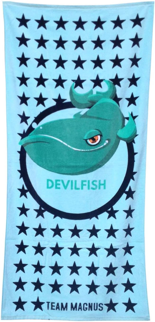 TEAM MAGNUS Hooded Beach Towel for Kids in Quality 360gsm Cotton - Boys & Girls 4'-5'6" Bathrobe for Swimming, Surfing, Travel - Classic Swim Poncho w Stylish Devilfish Design (Beach Towel)