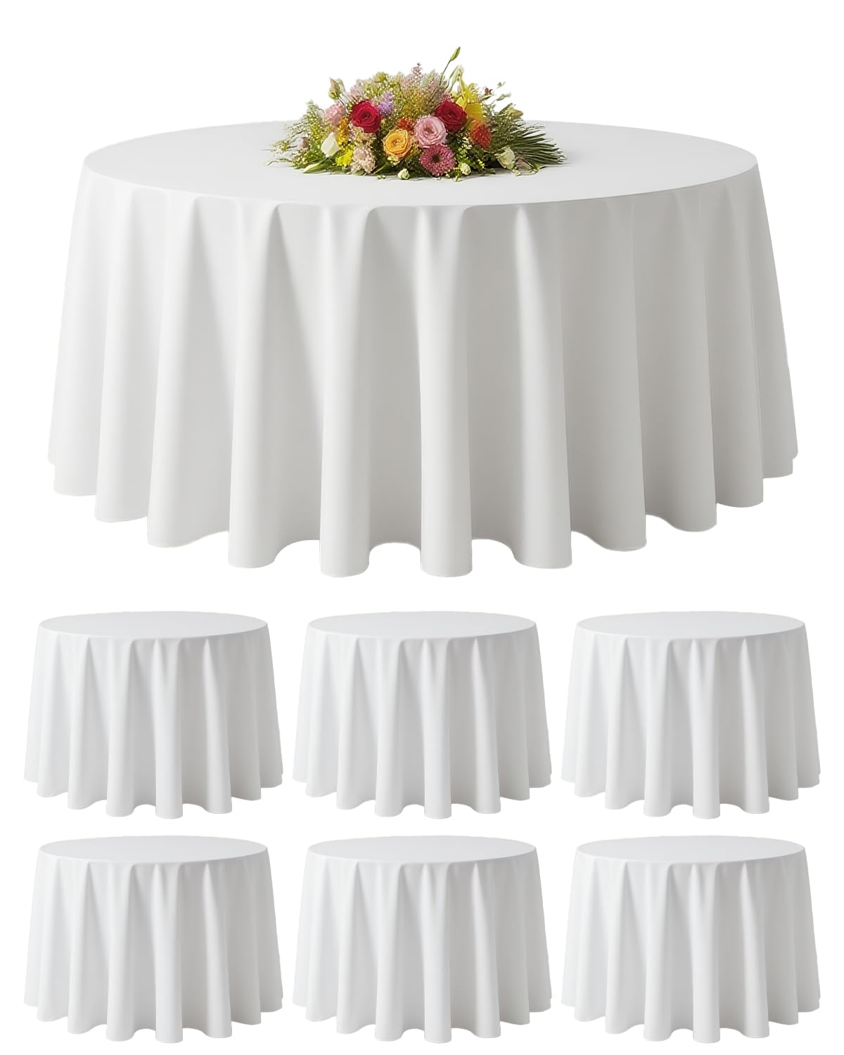 Photo 1 of BESTVIP 6 Pack 120" White Round Fabric Tablecloths - Polyester Washable Decorative Table Cloth Cover for Wedding, Reception, Banquet, Birthday, Parties, Buffets, Restaurant
