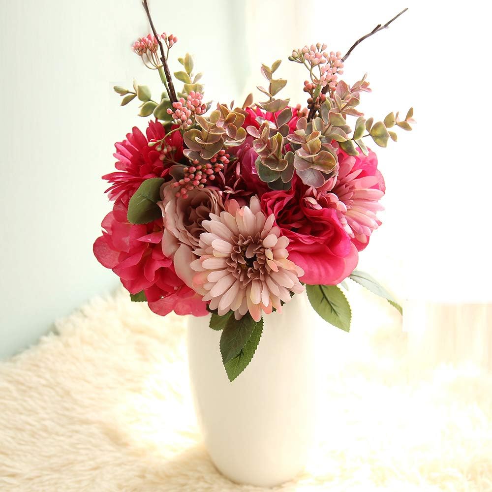 Amazon Com Lackingone Artificial Flowers Fake Roses Silk Flowers Hydrangea Bouquet Decorations Artifical Chrysanth Gerbera Flowers Purple Pink Rose Fake Flowers Bouquet For Home Table Kitchen Office Garden Home Kitchen