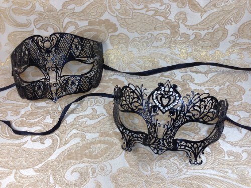 His & Hers Masquerade Couples Venetian Design Masks - 2 Piece Black Colored Set Metal Mask - Perfect Cute Couple Mardi Gras Queen Party Halloween Ball Prom by BK