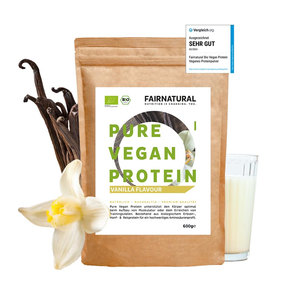 FAIRNATURAL Bio Veganes Proteinpulver Vanille ohne Soja [600G] 5K Protein Pulver Laktosefrei - Vegan Protein Powder - Pflanzliches Proteinpulver - Regional aus DE - Proteinshake Vegan - Eiweißpulver