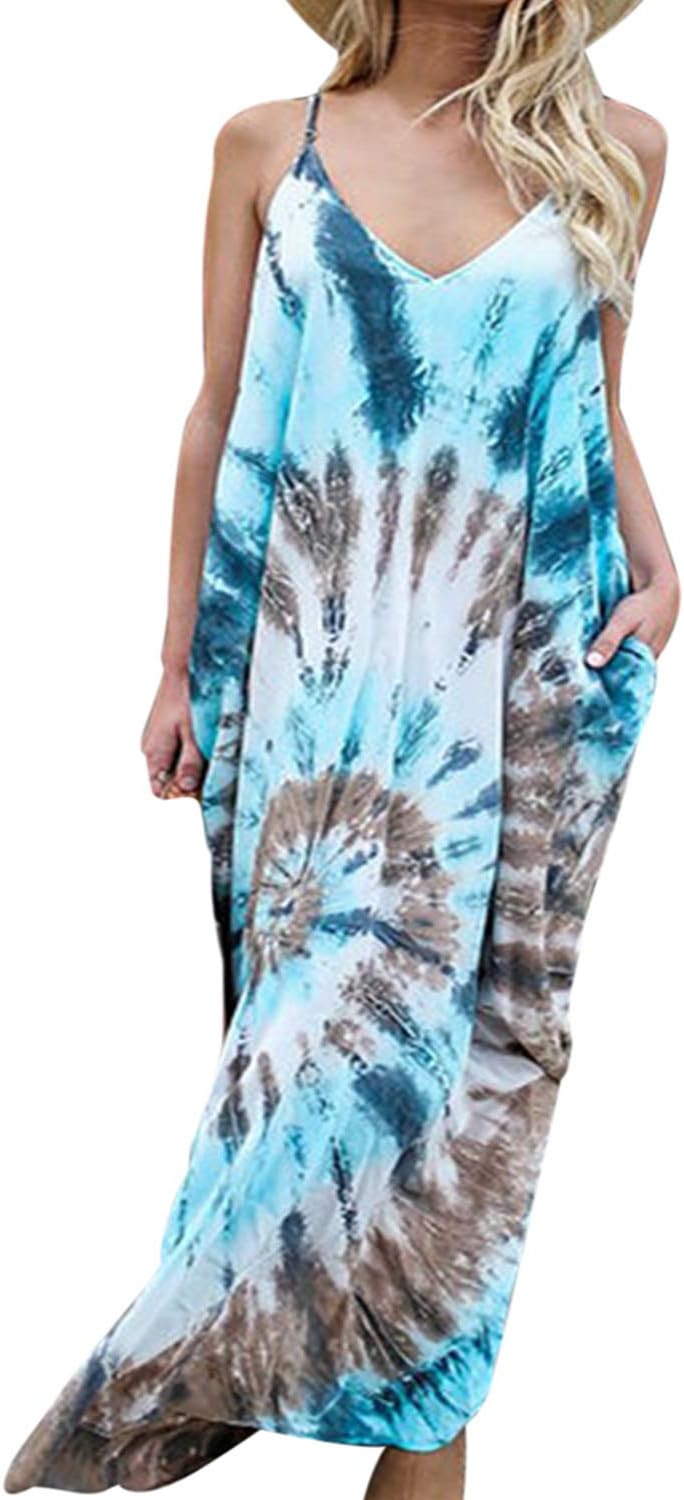 Women's Summer Dress Floral Print V Neck Sleeveless Long Maxi Dresses Pocket Dress Boho Cocktail Beach Loose Casual Sundress