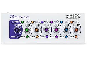 BOLANLE Mini Audio Mixer,Stereo Line Mixer for Sub-Mixing,Ultra Low-Noise,6-Channel,Microphone Independent Control, 1/4" & 1/8" TRS Output and Input, for Guitars,Bass,Keyboards (MH600)