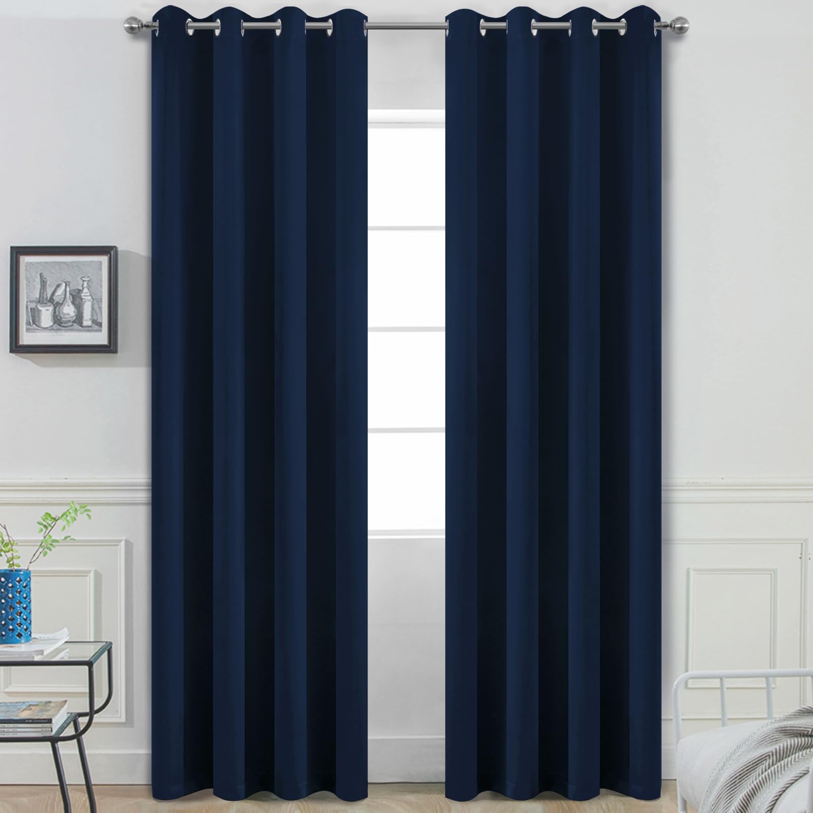 Yakamok 84 Inch Long Light Blocking Navy Blue Blackout Curtains, Room Darkening Thermal Insulated Blackout Drapes with Grommet for Bedroom (52x84Inch, 2 Panels)
