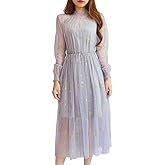 Women Summer Chiffon Dress Stars Moon Print Embroidered Skirt Long Puff Sleeve Princess Dress