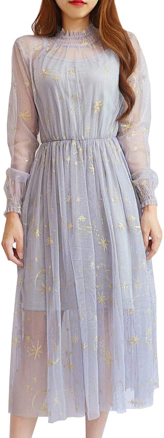 Amazon Co Jp 女性たちパフスリーブ 刺繍入りチュールスカートラッフルドレスプリンセス 服 ファッション小物