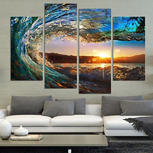 4 Panel HD Sea Wave Canvas Art Modern Seascape Painting Landscape Wall Picture for Room Decor Unframed (12x24inchx2+12x32inchx2)