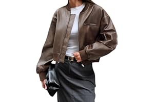 Cicy Bell Womens Faux Leather Bomber Jackets Baseball Collar Zip Up Cropped Biker Coat with Pockets