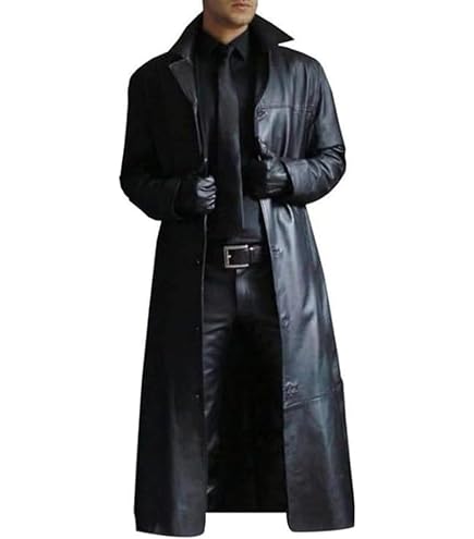 ZWRXW Mens Leather Trench Coat Full Length Vintage Classic Faux