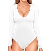 MANGOPOP Long Sleeve V Neck Bodysuits for Women Double Lined Sexy Going Out Tops Body Suit Shirts