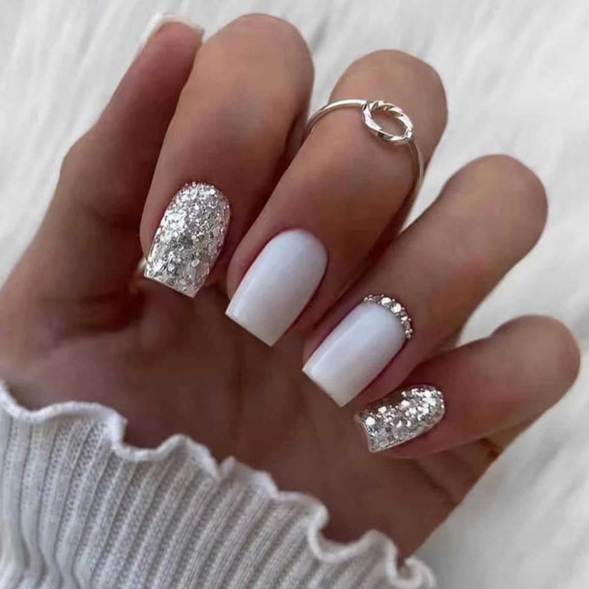JUSTOTRY 24 Pcs Silvery Press on Nails Square with Diamond Designs,Milky False Nails Short,Pretty Glitter Stick on Nails for Women,Glossy French Squoval Fake Nail Medium for Nail Art Gifts