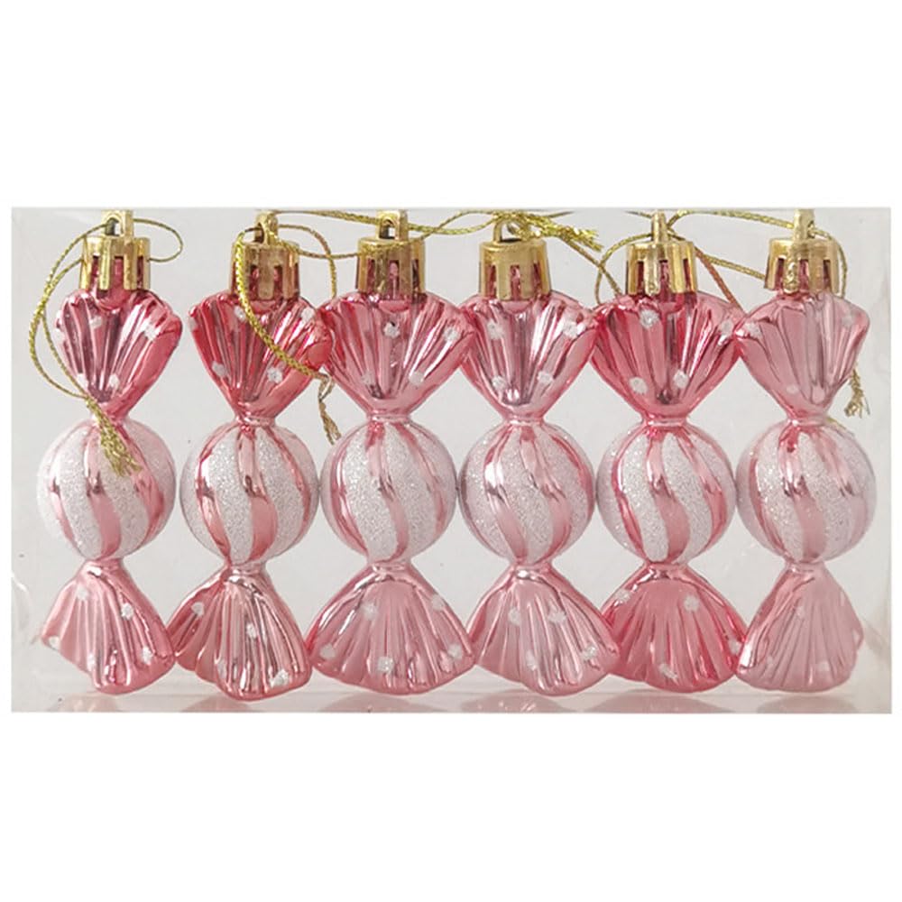 Christmas Tree Candy Ornaments Decorations Xmas Hanging Baubles Shiny Glitter Sweet Shaped 8.5CM 6PCS (Pink)