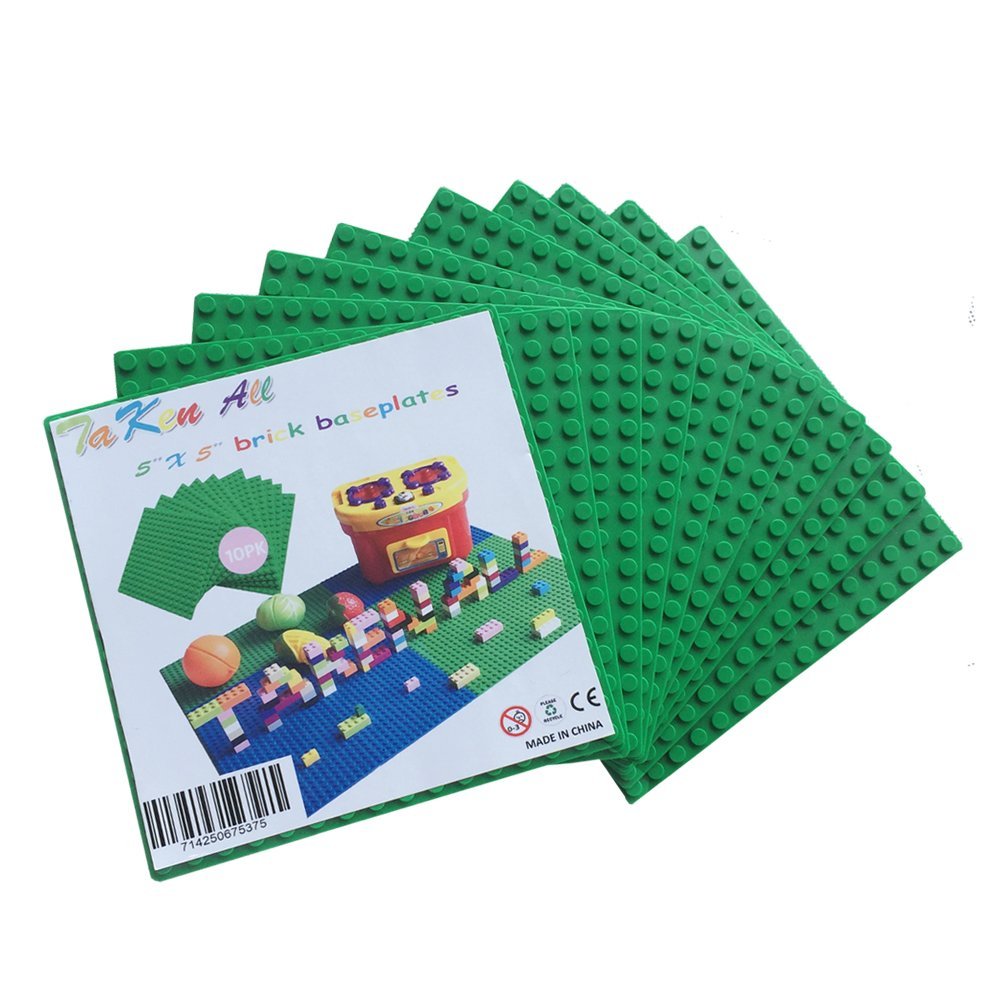 Building Brick Base Plates- Green 10 Pack of 5" x 5" Baseplates Brick Blocks Children Gift Tight Fit With All Major Brands