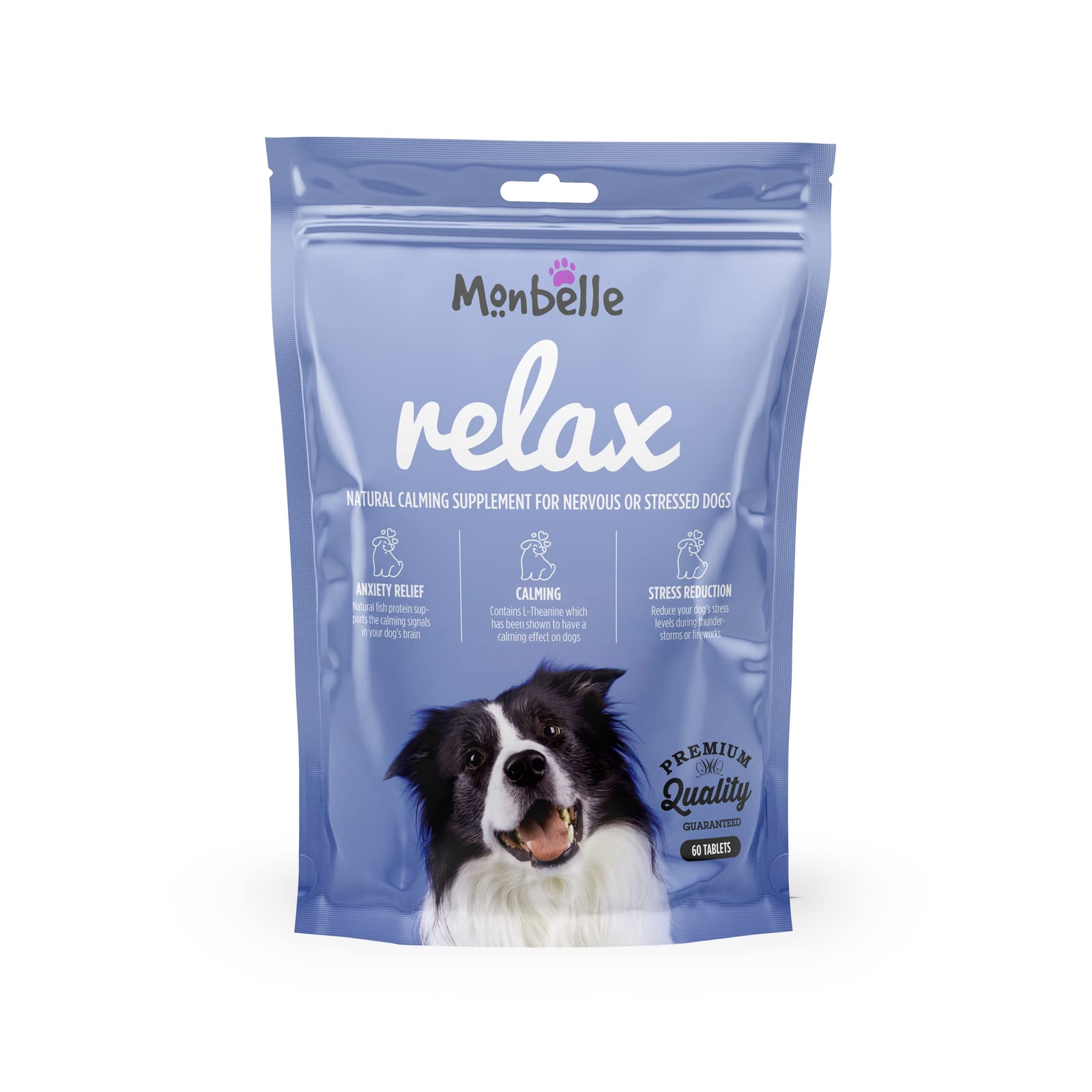 Monbelle Relax Dog Calming Tablets, Natural Anxiety Relief Supplement for Stressed or Nervous Dogs, Supports Healthy Brain Function & Hormone Balance, Vet-Trusted, UK-Made, 60 Tablets