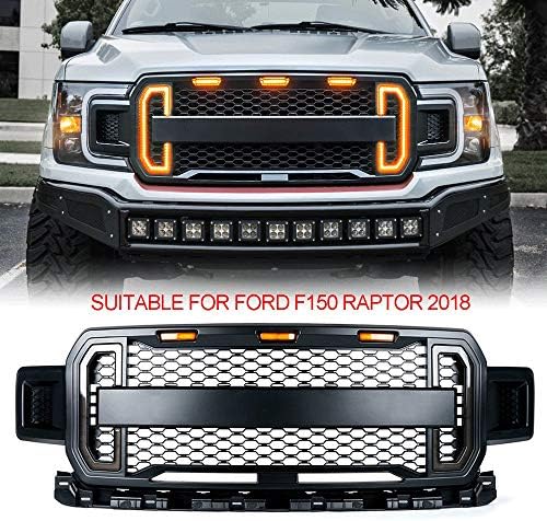 OTQEALY Compatible With/Replacement For Radiator Grille For Ford f150 Raptor 2018 With 12v Led Daytime Running Light/Turn Signal, Front Grill Grid Grille,Matteblack