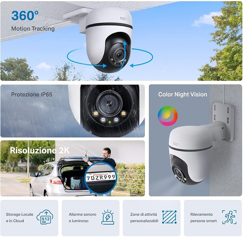 Telecamera Wi-Fi Esterno Visione Notturna a Colori, 2K 3MP Telecamera WiFi 360° IP65, Videocamera Sorveglianza Esterno, Rilevamenti Smart AI, Tracciamento Intelligente, Alexa, 2.4GHz, C51A