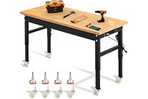 Antifir 60'' Adjustable Workbench on Wheels, 2000 LBS Heavy-Duty Workstation with Power Outlets, Rubber Wood Top Worktable for Garage, Workshop, Home, Commercial