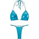 Women's Metallic Triangle Halter Bikini Sets Shiny Tie Back Pearl String Two Piece Swimsuit Bathing Suit Set